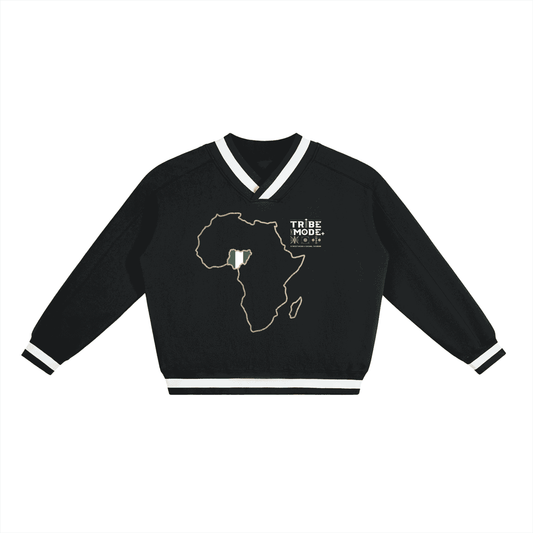 V-Neck Contrast Collar Boxy Sweatshirt - Tribemodeplus