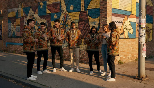 Young adults in streetwear talking at city corner