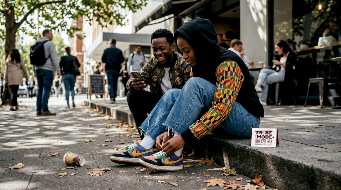 Young adults in urban streetwear on café steps