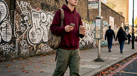 Person in oversized streetwear walking on city sidewalk