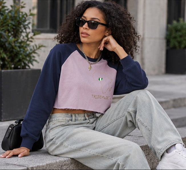 Nigeria Raglan Crop Sweatshirt — Raw-Hem Color-Block
