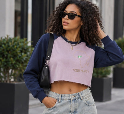 Nigeria Raglan Crop Sweatshirt — Raw-Hem Color-Block