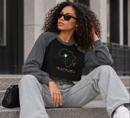 Nigeria Raglan Crop Sweatshirt — Raw-Hem Color-Block