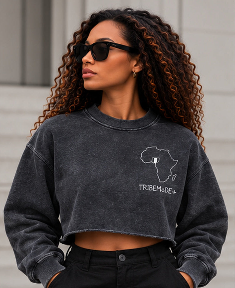 Nigeria Cropped Sweatshirt — Snow Washed Raw Edge
