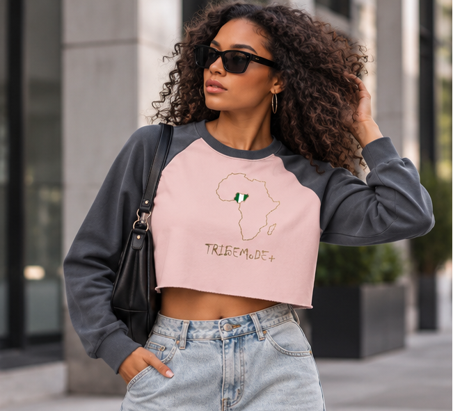 Nigeria Raglan Crop Sweatshirt — Raw-Hem Color-Block