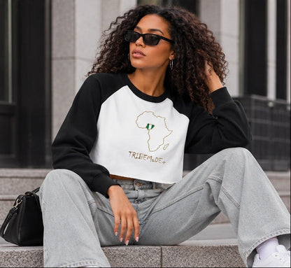 Nigeria Raglan Crop Sweatshirt — Raw-Hem Color-Block