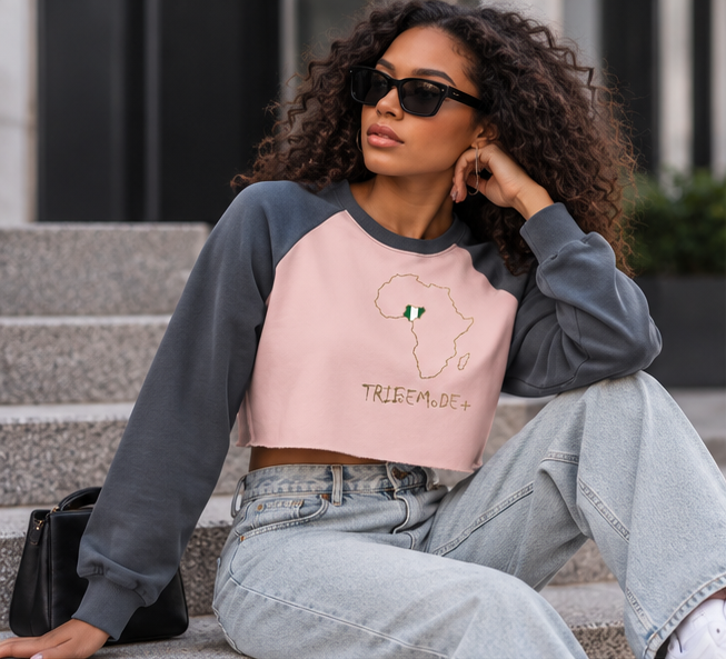 Nigeria Raglan Crop Sweatshirt — Raw-Hem Color-Block