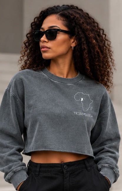 Nigeria Cropped Sweatshirt — Snow Washed Raw Edge