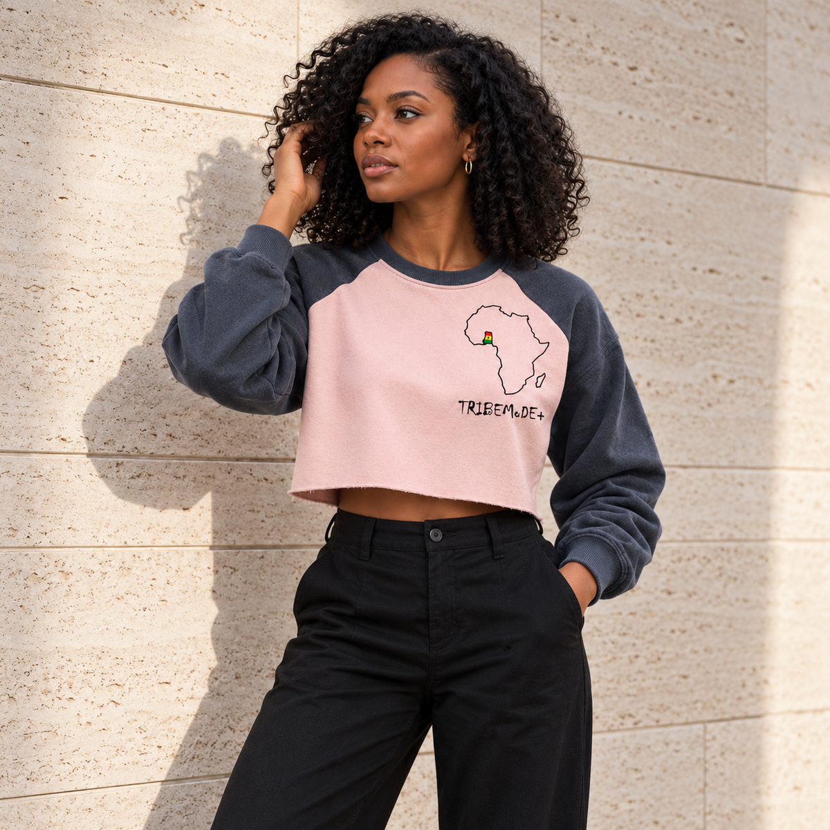 Ghana Raglan Crop Sweatshirt — Raw-Hem Color-Block