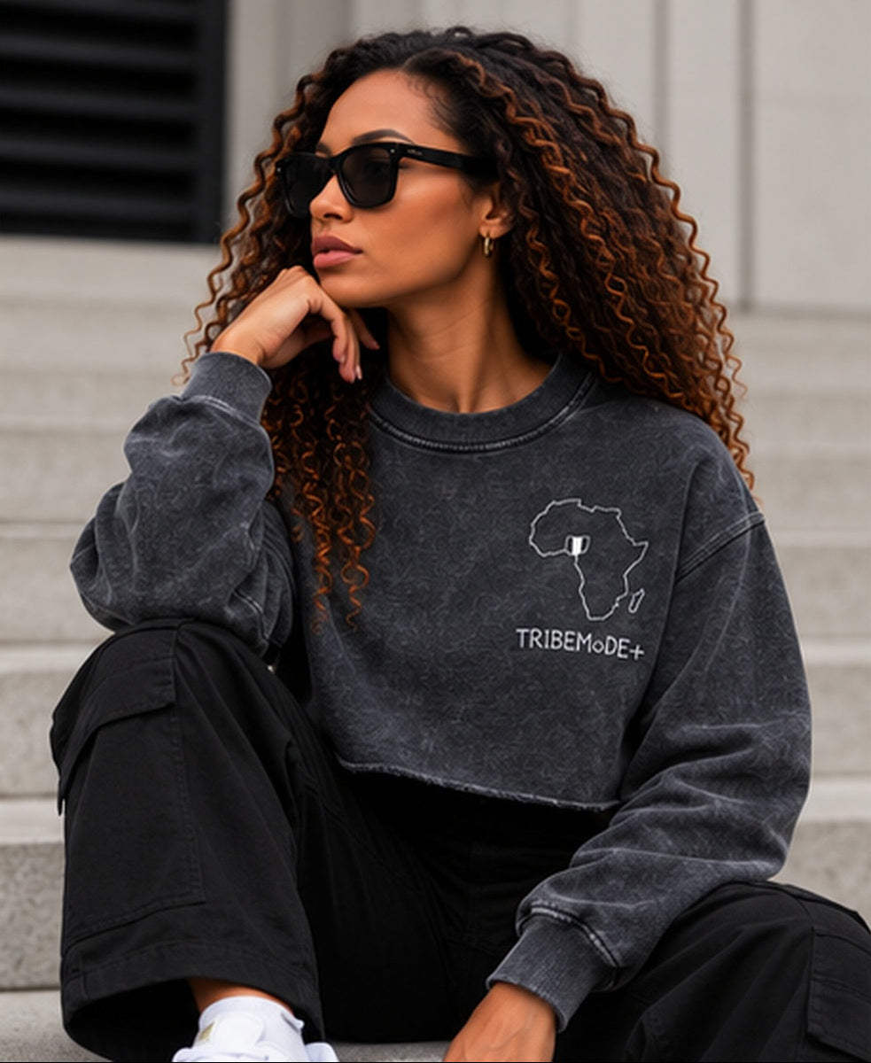 Nigeria Cropped Sweatshirt — Snow Washed Raw Edge