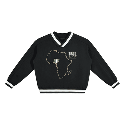 V-Neck Contrast Collar Boxy Sweatshirt - Tribemodeplus
