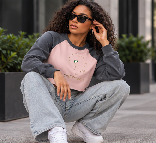 Nigeria Raglan Crop Sweatshirt — Raw-Hem Color-Block