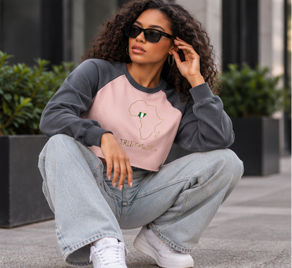 Nigeria Raglan Crop Sweatshirt — Raw-Hem Color-Block