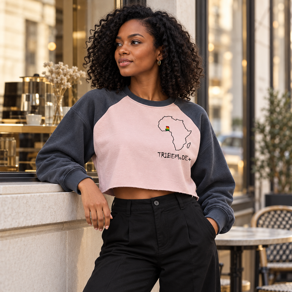 Ghana Raglan Crop Sweatshirt — Raw-Hem Color-Block