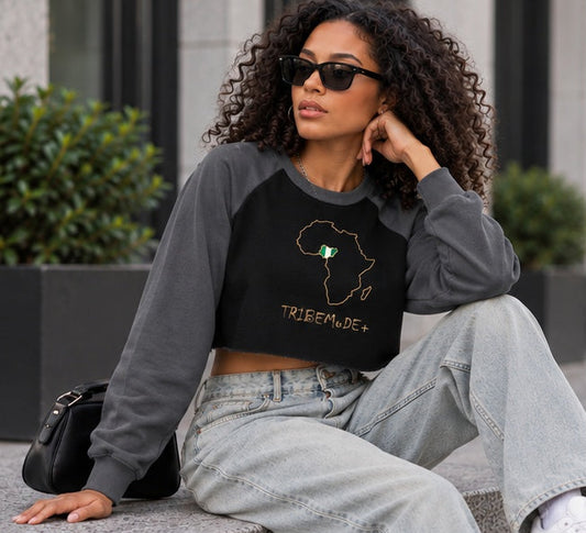 Nigeria Raglan Crop Sweatshirt — Raw-Hem Color-Block