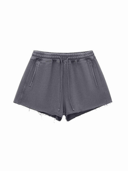 Snow Washed Raw Edge Drawstring Shorts - Tribemodeplus