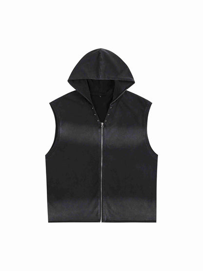 Vintage Washed Zip-Up Hooded Tank Top - Tribemodeplus