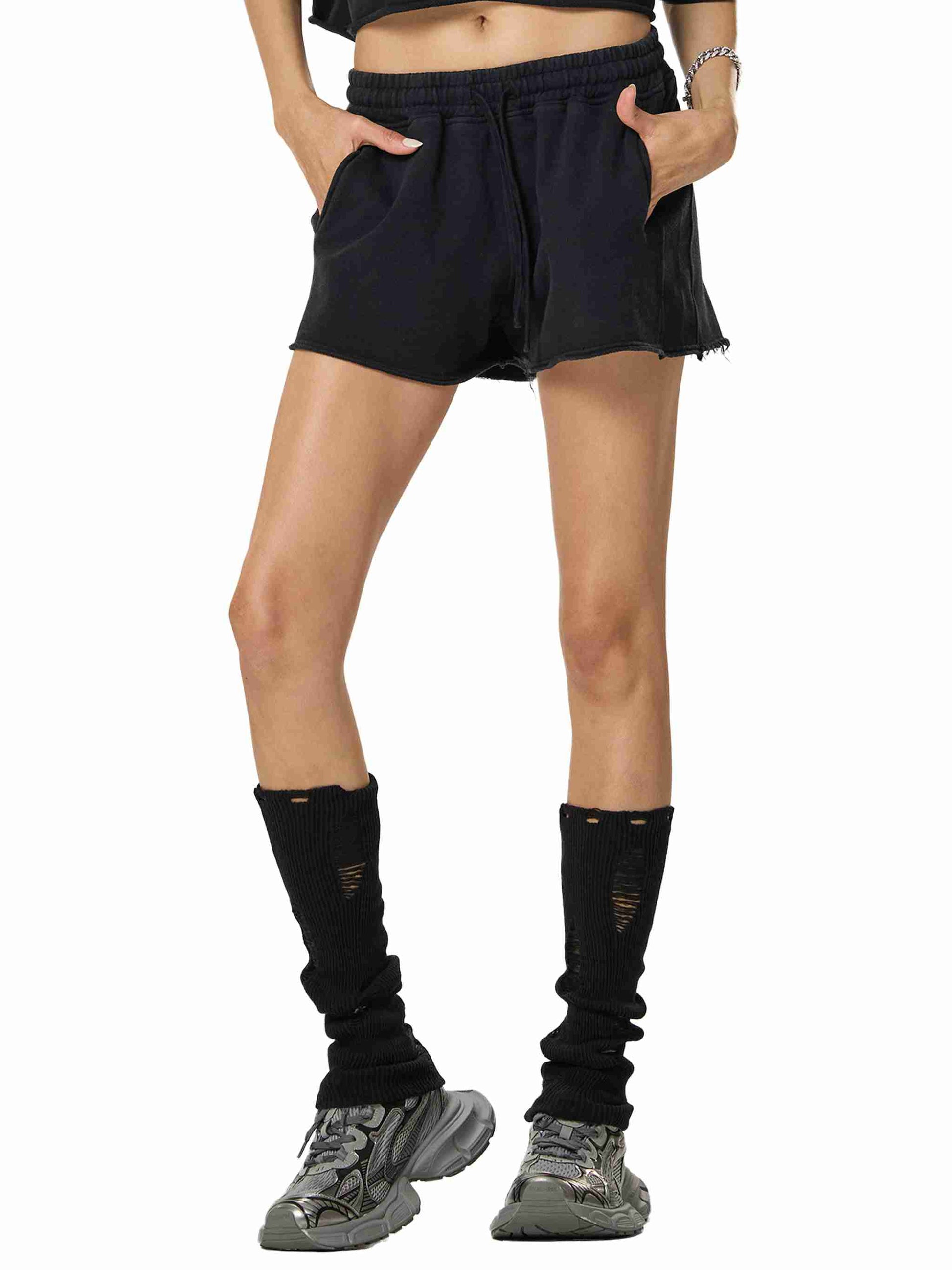 Snow Washed Raw Edge Drawstring Shorts - Tribemodeplus