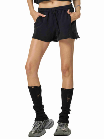Snow Washed Raw Edge Drawstring Shorts - Tribemodeplus