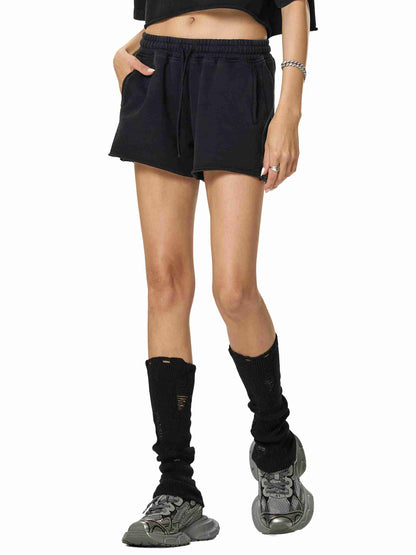 Snow Washed Raw Edge Drawstring Shorts - Tribemodeplus