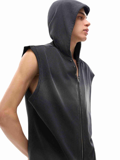 Vintage Washed Zip-Up Hooded Tank Top - Tribemodeplus