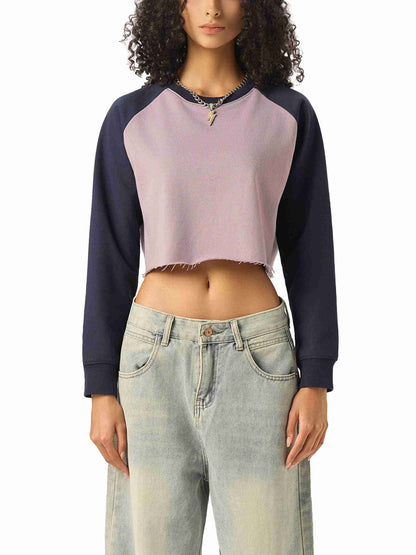 Raw-Hem Color-Block Raglan Crop Sweatshirt - Tribemodeplus