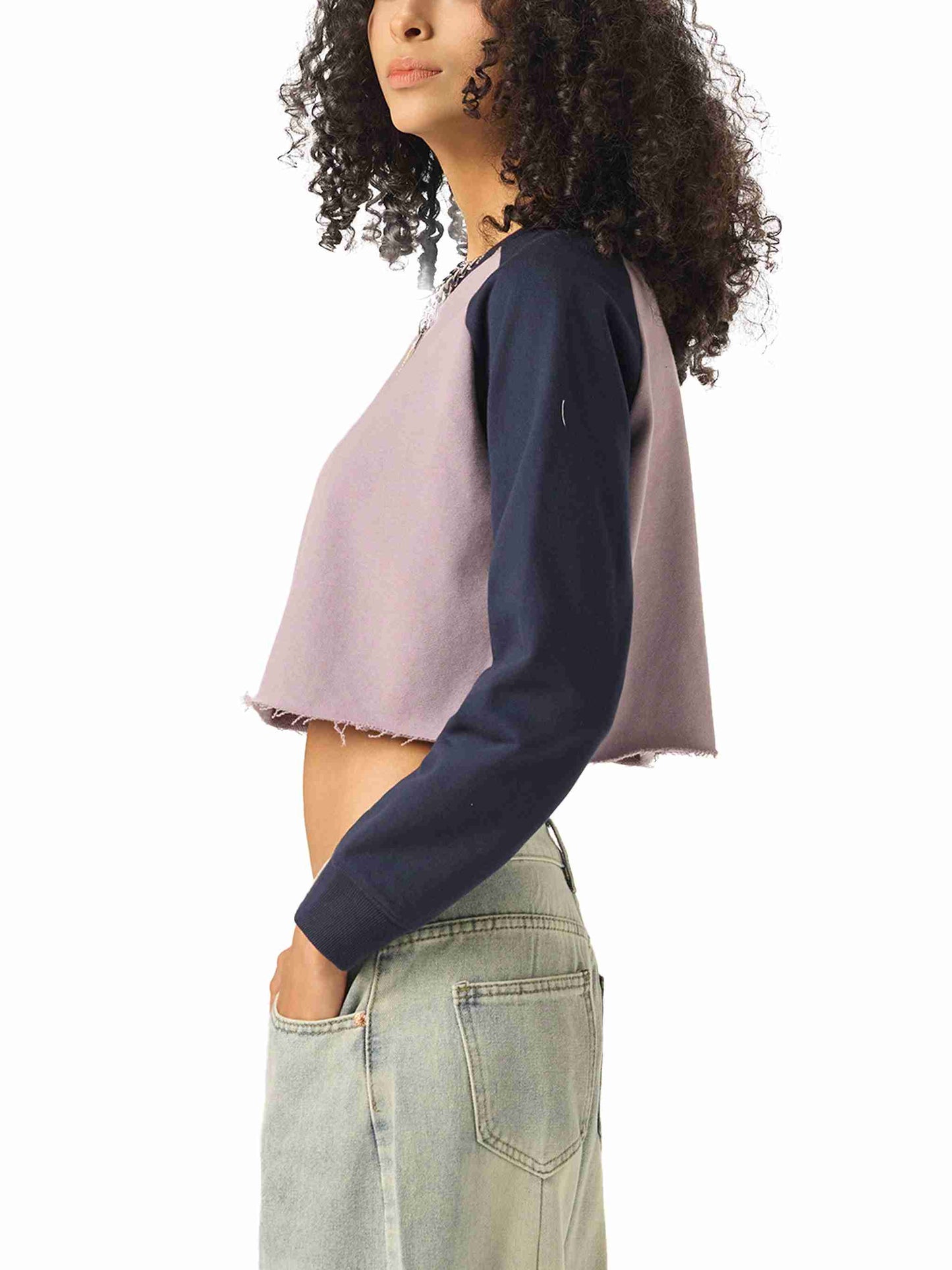Raw-Hem Color-Block Raglan Crop Sweatshirt - Tribemodeplus