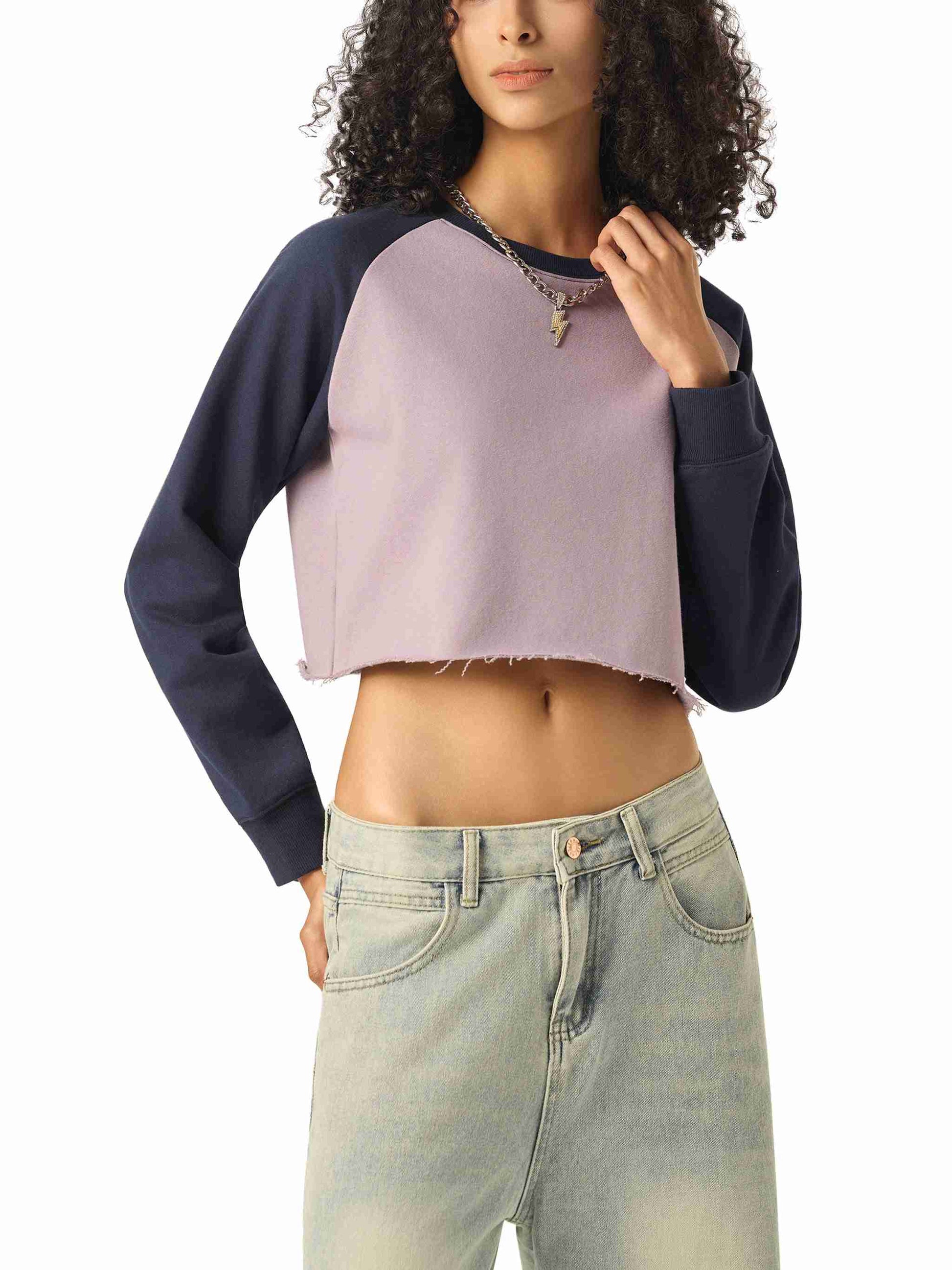 Raw-Hem Color-Block Raglan Crop Sweatshirt - Tribemodeplus