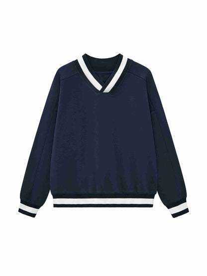 V-Neck Contrast Collar Boxy Sweatshirt - Tribemodeplus